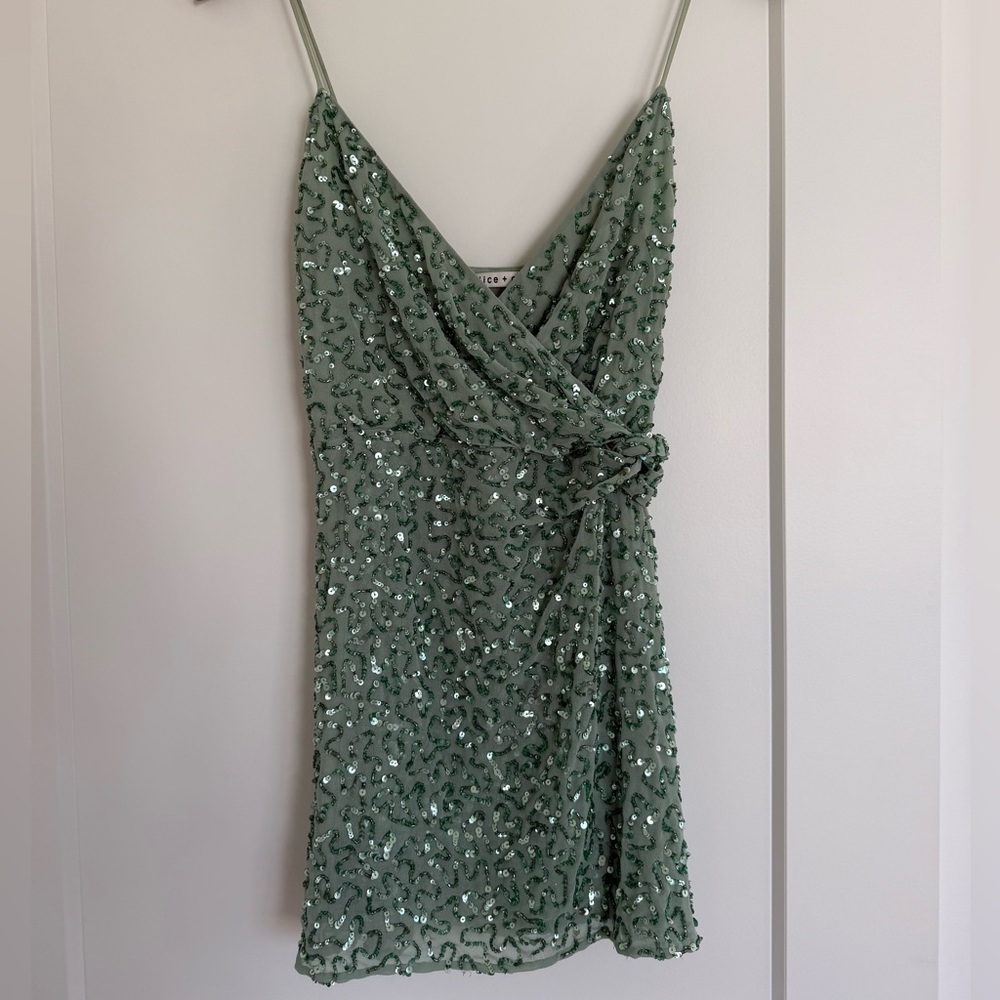 Alice + Olivia CELESTINE EMBROIDERED WRAP DRAPED MINI DRESS - Picture 2 of 3